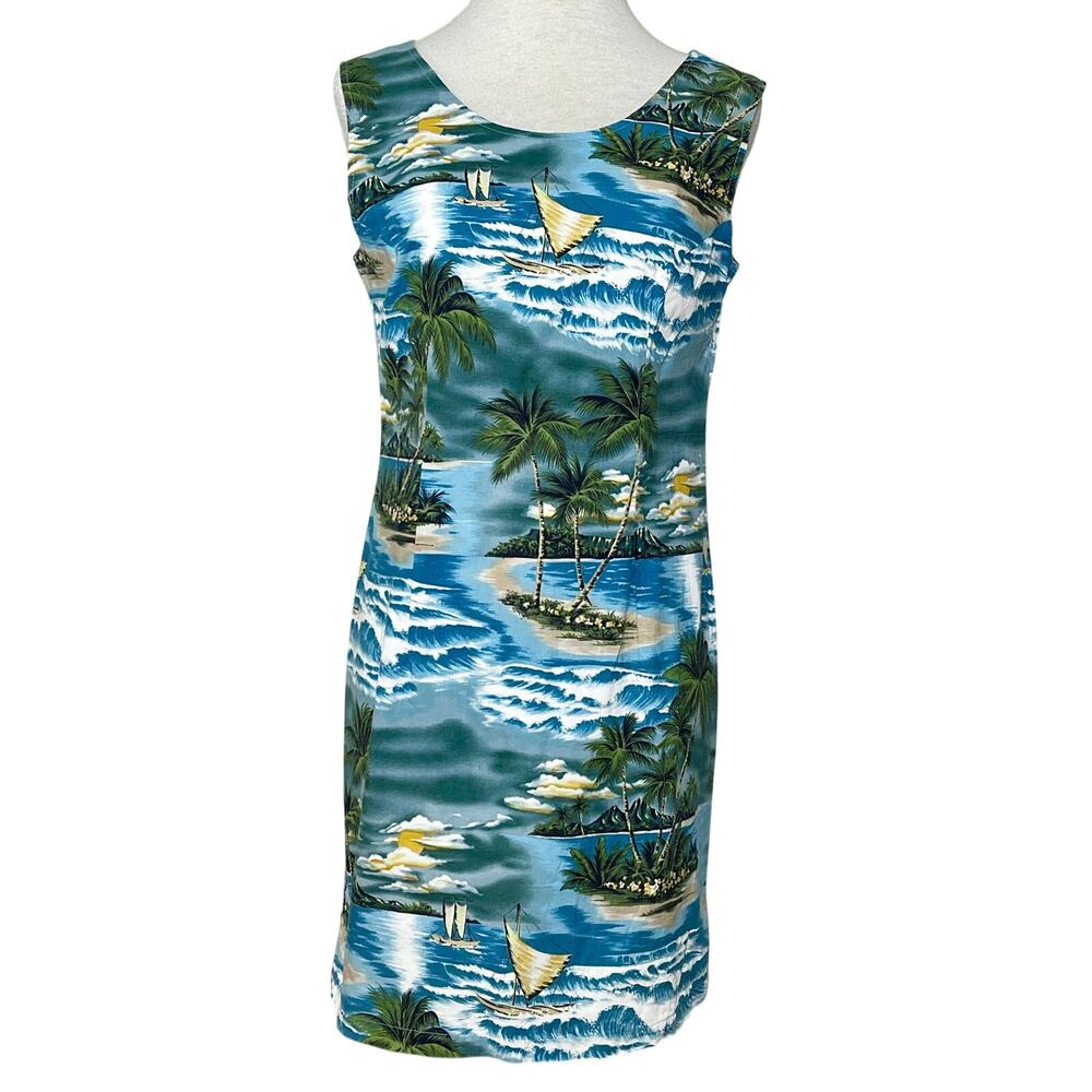 Vintage Hawaii Dress SZ L Blue Green Boat Palm Design - Picture 2 of 7